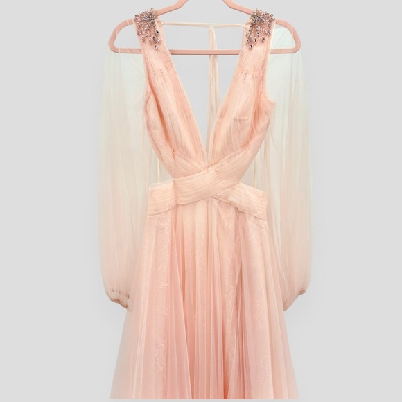 Mac Duggal NEW Tulle Sheer Long Sleeve Cut Out Lace Up A-line Gown Blush Size 6 - Picture 2 of 16